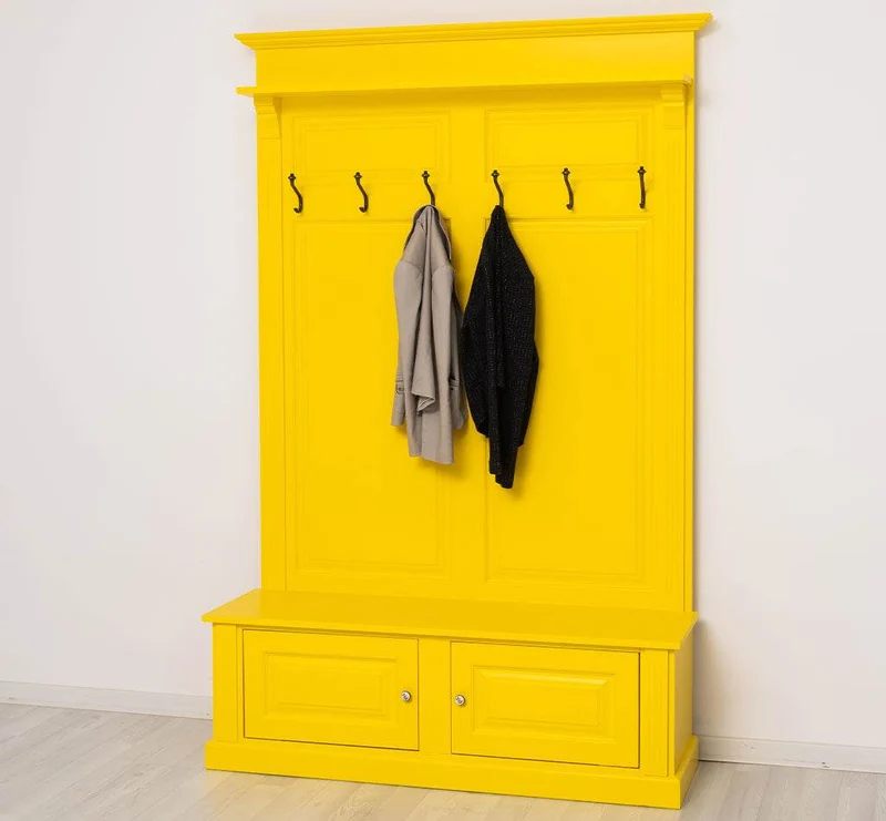 Garderobe aus Massivholz mit 6 Haken und 2 Staufächern unifarben