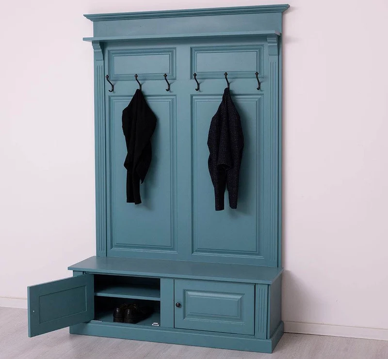 Garderobe aus Massivholz mit 6 Haken und 2 Staufächern unifarben