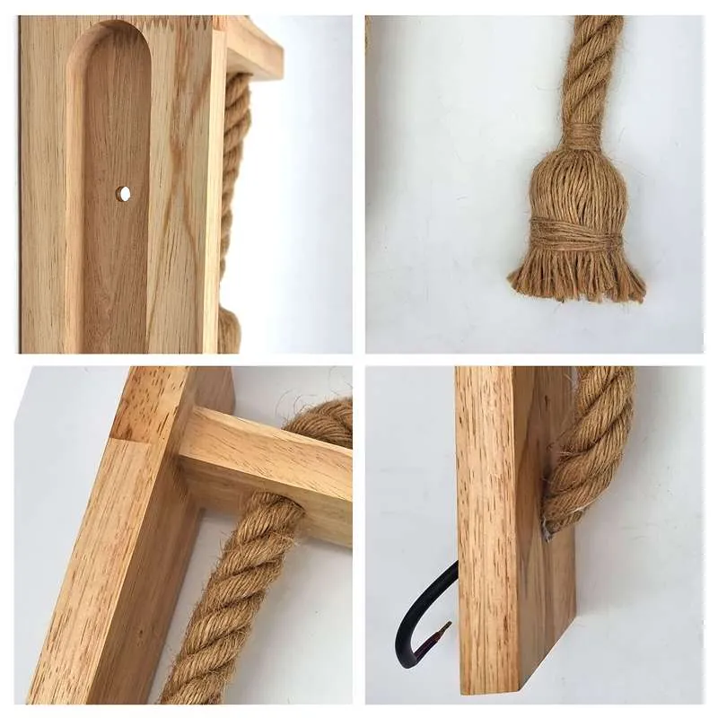 Vintage Wandleuchte Holz & Hanfseil Rustikales E27 ~2583
