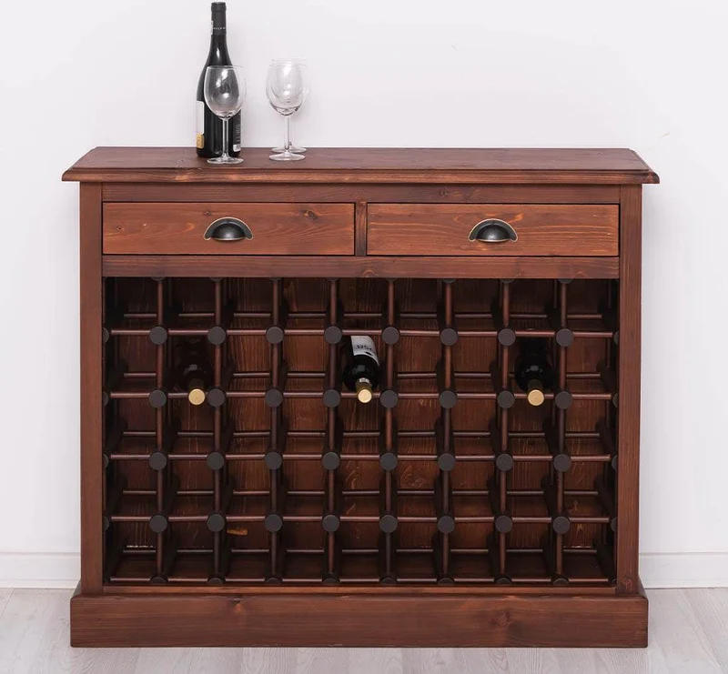Weinschrank aus Massivholz mit zwei Schubladen | Sideboard mit Platz für 45 Flaschen