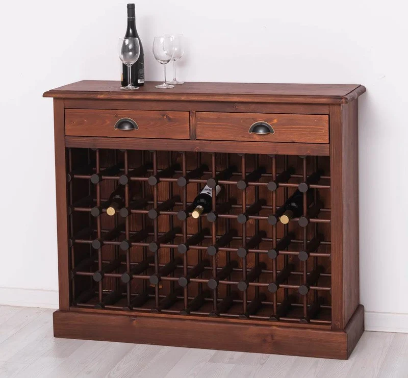 Weinschrank aus Massivholz mit zwei Schubladen | Sideboard mit Platz für 45 Flaschen