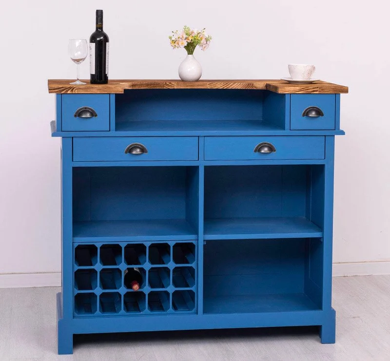Vintage Weinbar aus Massivholz mit Flaschenfach für 15 Flaschen