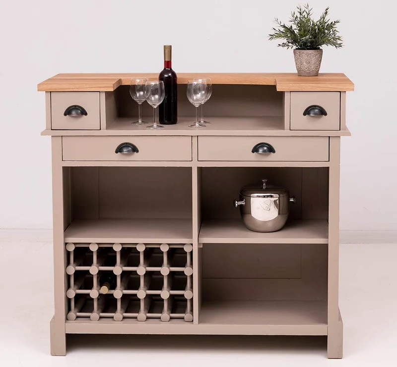 Vintage Weinbar aus Massivholz mit Flaschenfach für 15 Flaschen