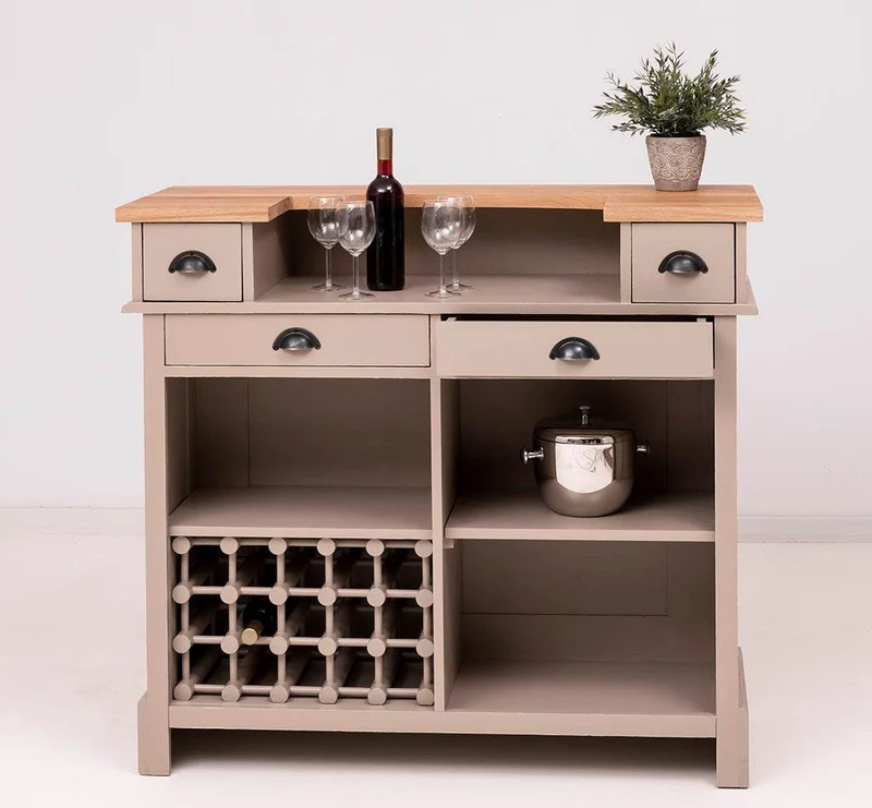 Vintage Weinbar aus Massivholz mit Flaschenfach für 15 Flaschen