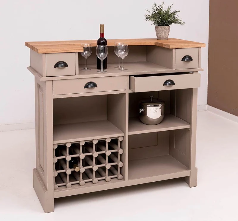 Vintage Weinbar aus Massivholz mit Flaschenfach für 15 Flaschen