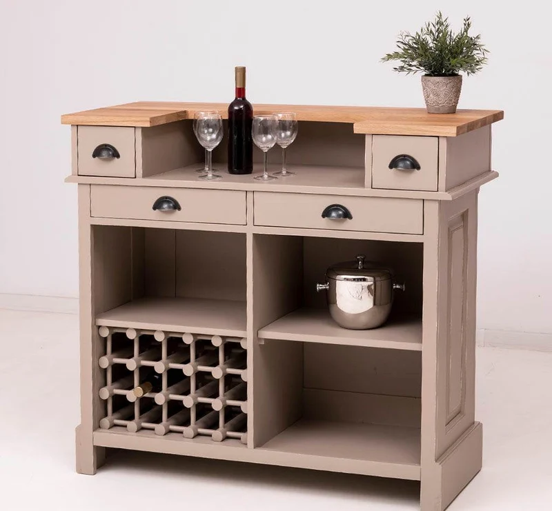 Vintage Weinbar aus Massivholz mit Flaschenfach für 15 Flaschen