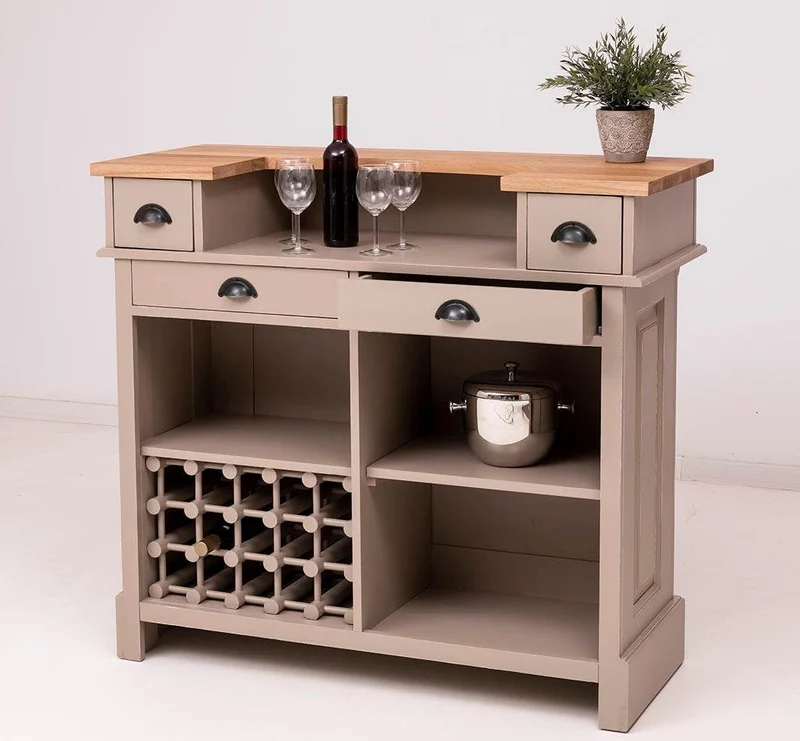 Vintage Weinbar aus Massivholz mit Flaschenfach für 15 Flaschen