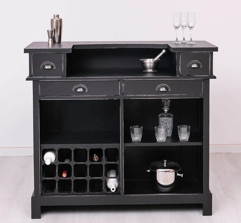 Vintage Weinbar aus Massivholz mit Flaschenfach für 15 Flaschen