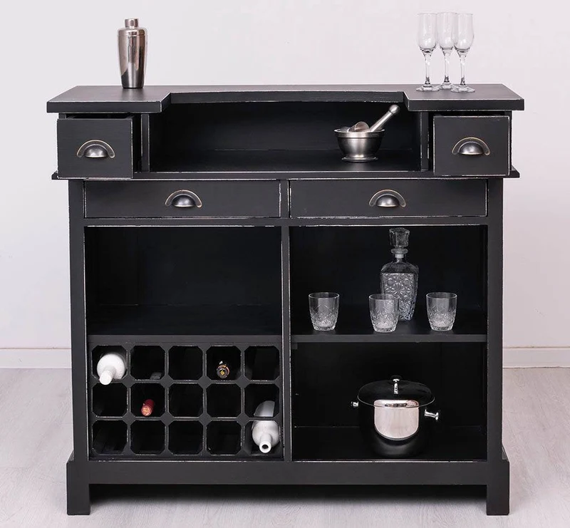 Vintage Weinbar aus Massivholz mit Flaschenfach für 15 Flaschen