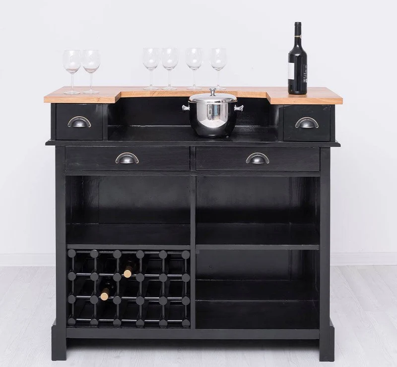 Vintage Weinbar aus Massivholz mit Flaschenfach für 15 Flaschen