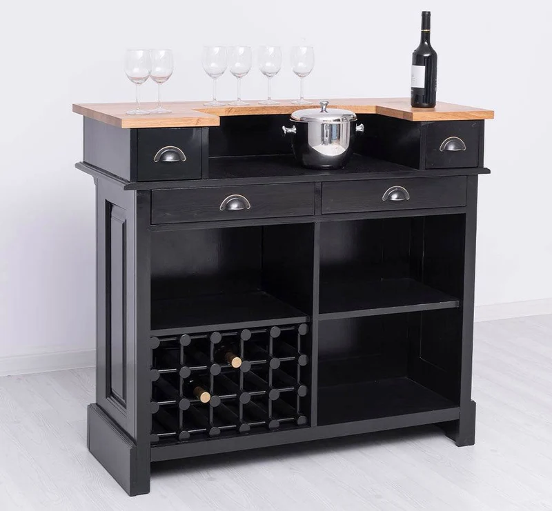 Vintage Weinbar aus Massivholz mit Flaschenfach für 15 Flaschen