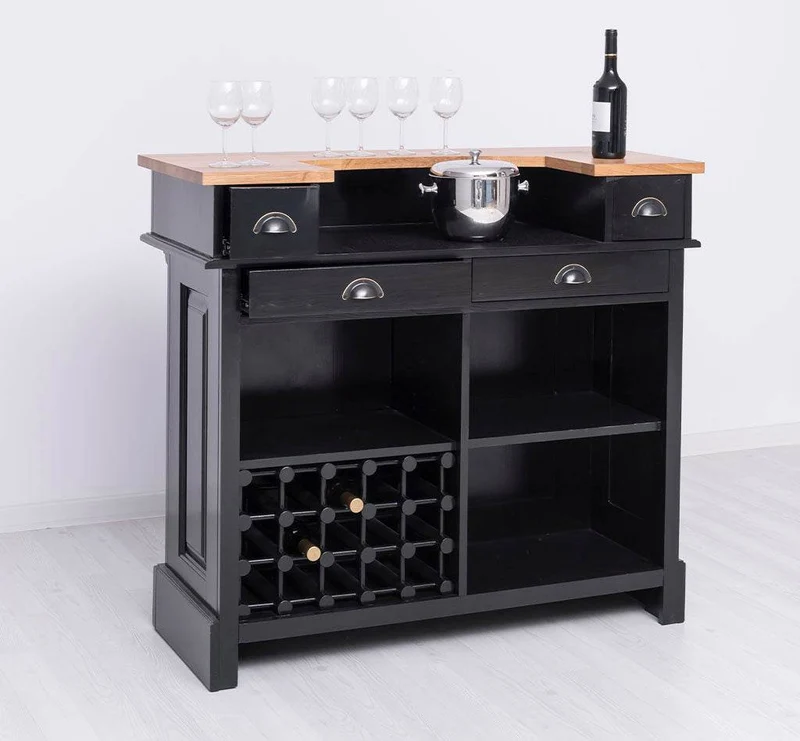 Vintage Weinbar aus Massivholz mit Flaschenfach für 15 Flaschen