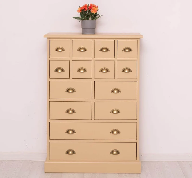 Hoher Apothekerschrank mit 14 Schubladen