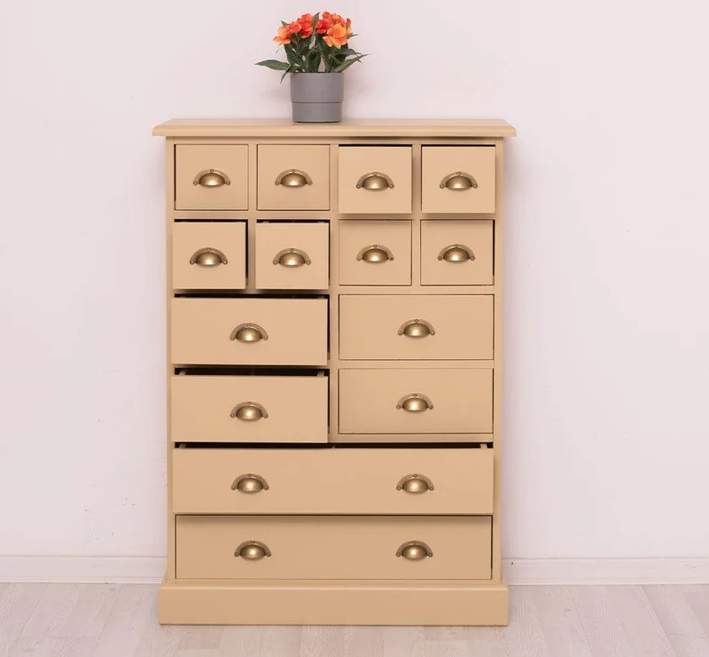 Hoher Apothekerschrank mit 14 Schubladen
