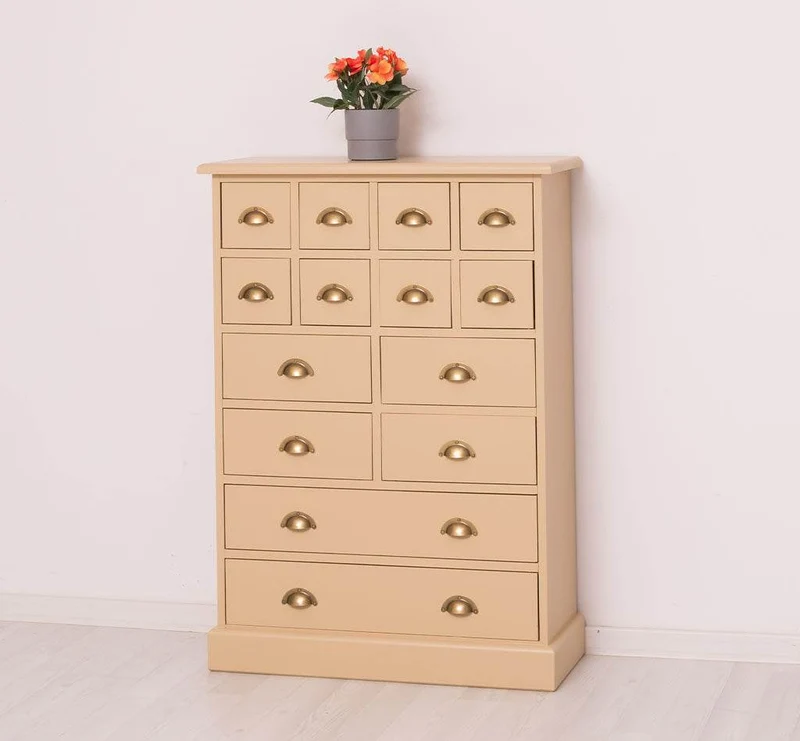 Hoher Apothekerschrank mit 14 Schubladen