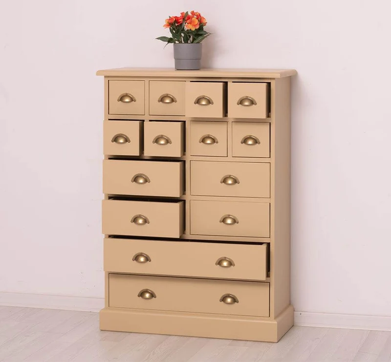 Hoher Apothekerschrank mit 14 Schubladen