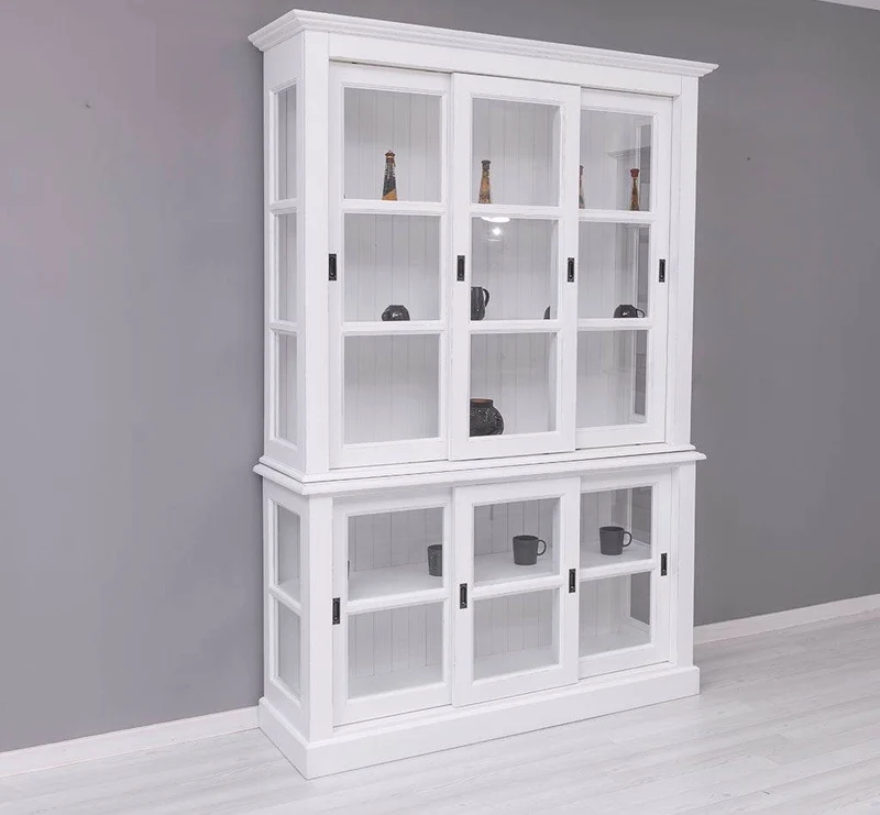 Große Vitrine aus Massivholz | 2- teiliger Geschirrschrank mit 3 Schiebetüren