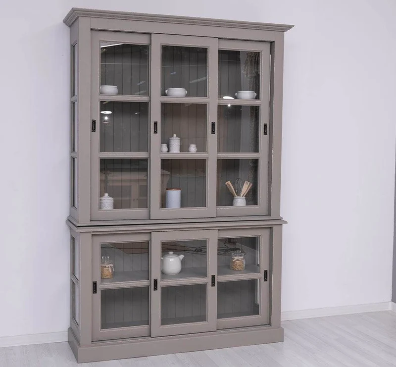 Große Vitrine aus Massivholz | 2- teiliger Geschirrschrank mit 3 Schiebetüren