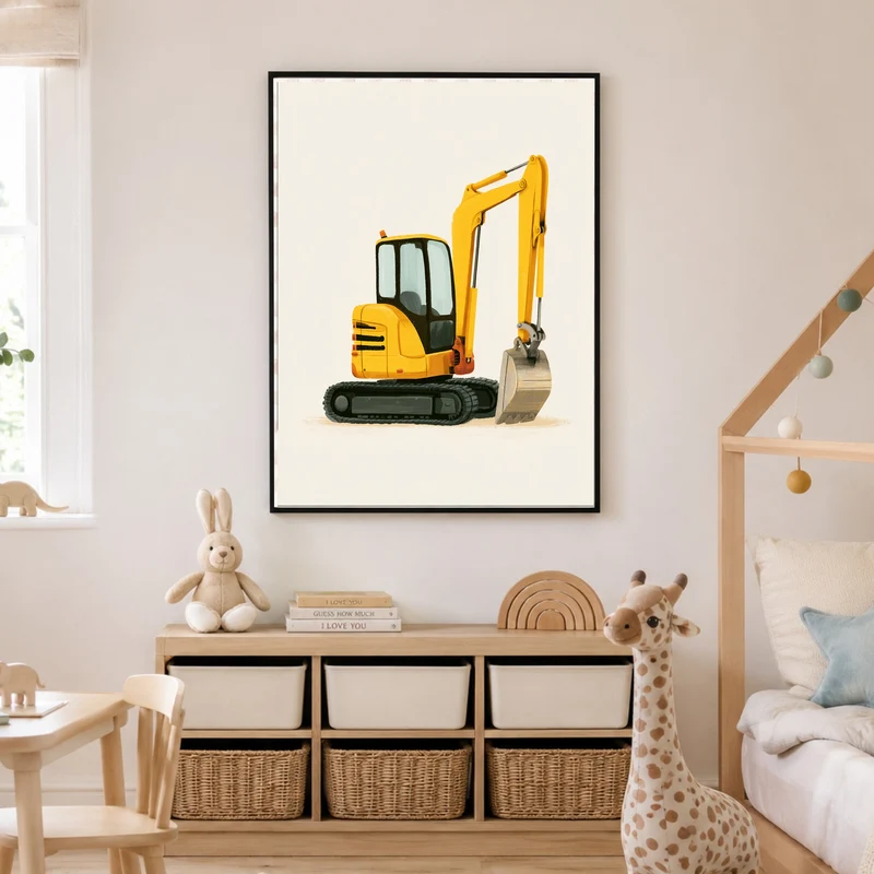 Gelber Bagger im Einsatz Poster