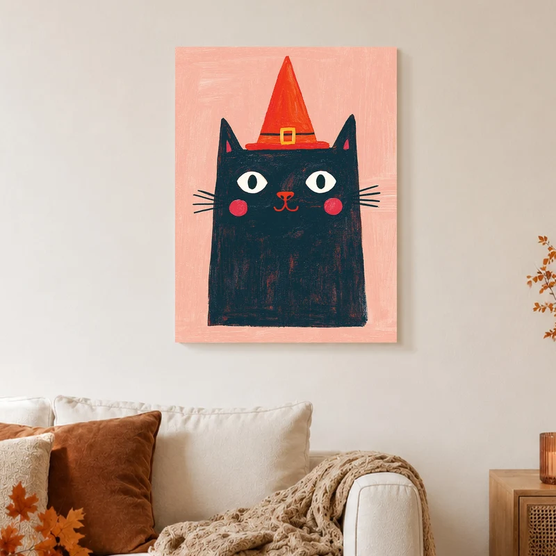 Schwarze Hexenkatze mit Hut Leinwand