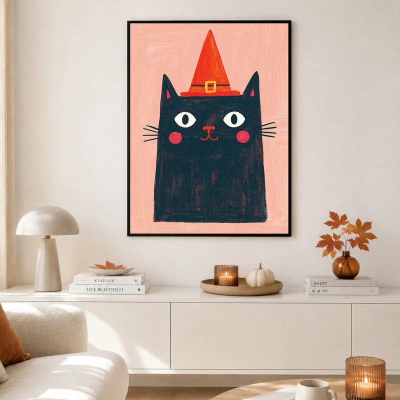 Schwarze Hexenkatze mit Hut Poster