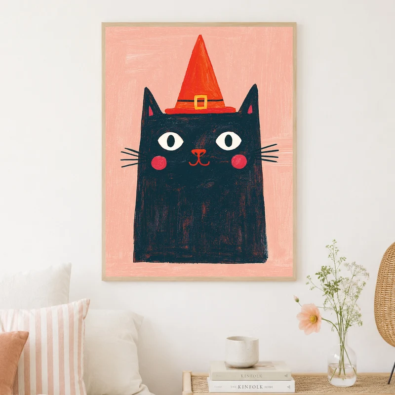 Schwarze Hexenkatze mit Hut Poster