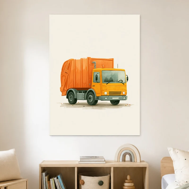 Orangener Müllauto Kinderdruck Leinwand