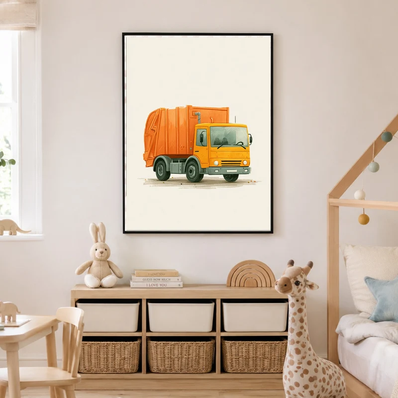 Orangener Müllauto Kinderdruck Poster