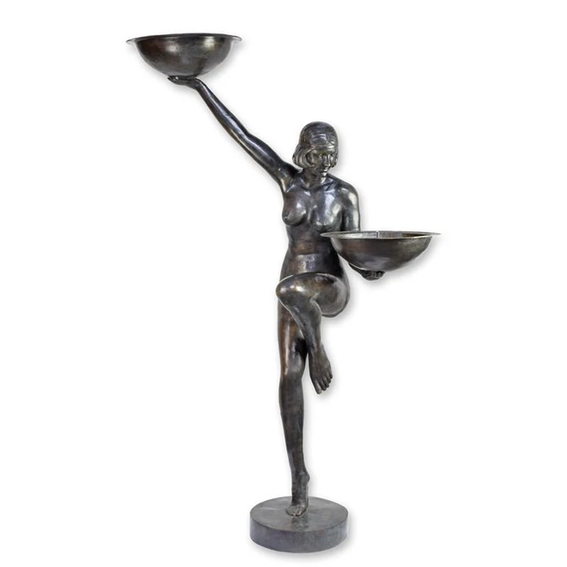 Casa Padrino Luxus Bronze Brunnen Art Deco Tänzerin mit Zwei Schalen Bronze / Schwarz 150 x 63 x H. 222 cm - Riesiger Gartenbrunnen - Wasserspiel - Garten Deko