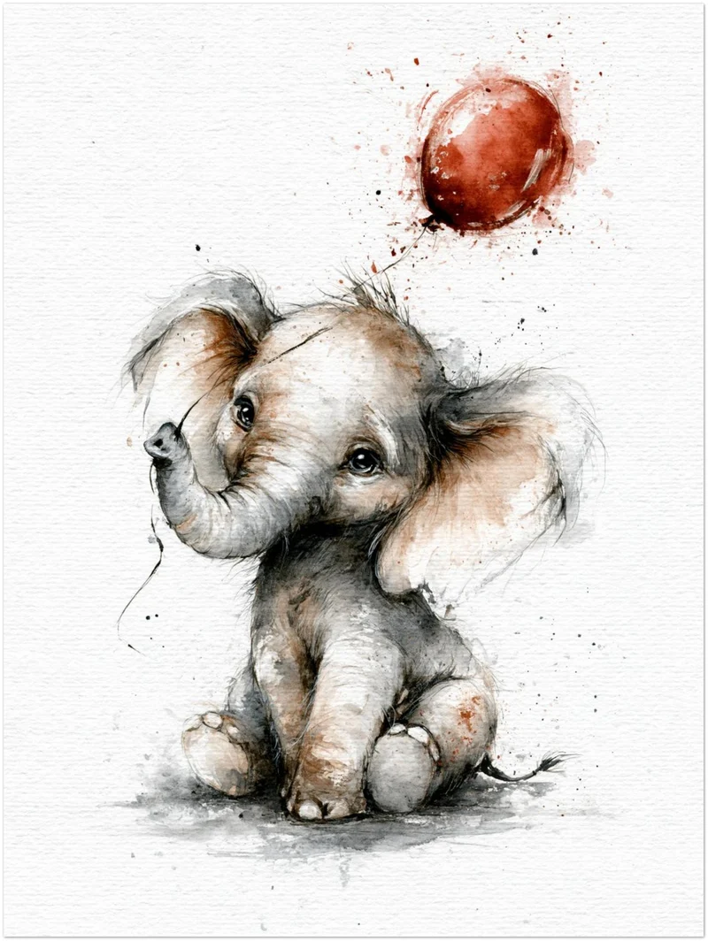 Elefantenbaby mit rotem Ballon Poster