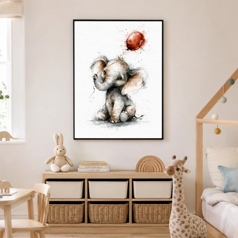 Elefantenbaby mit rotem Ballon Poster