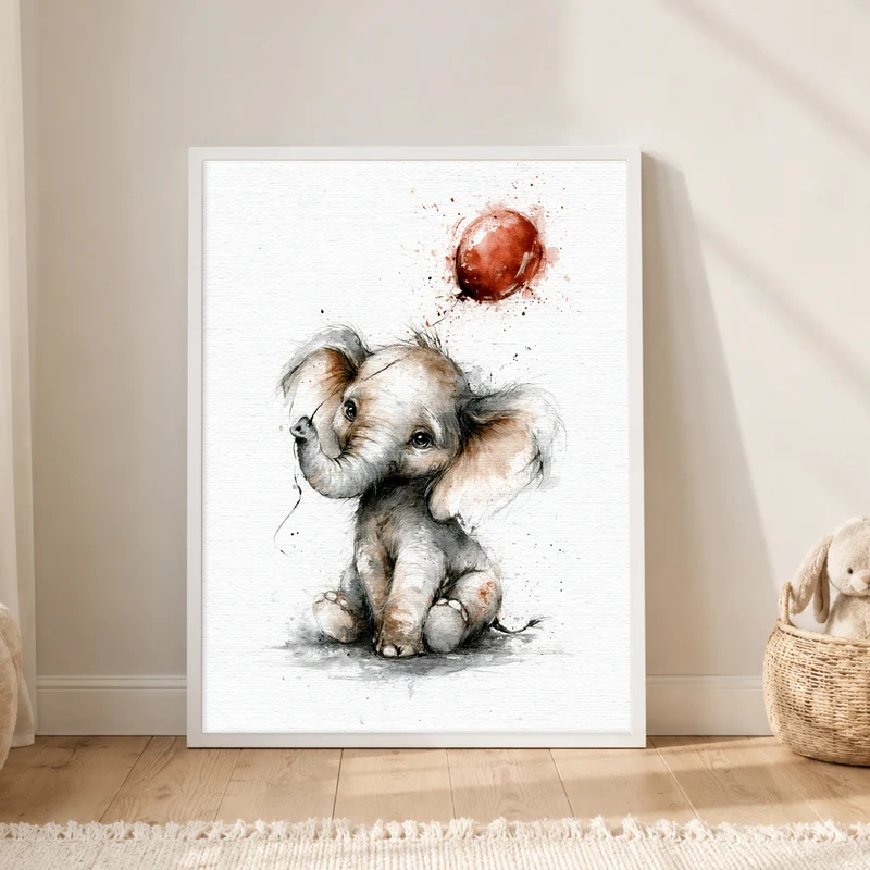 Elefantenbaby mit rotem Ballon Poster