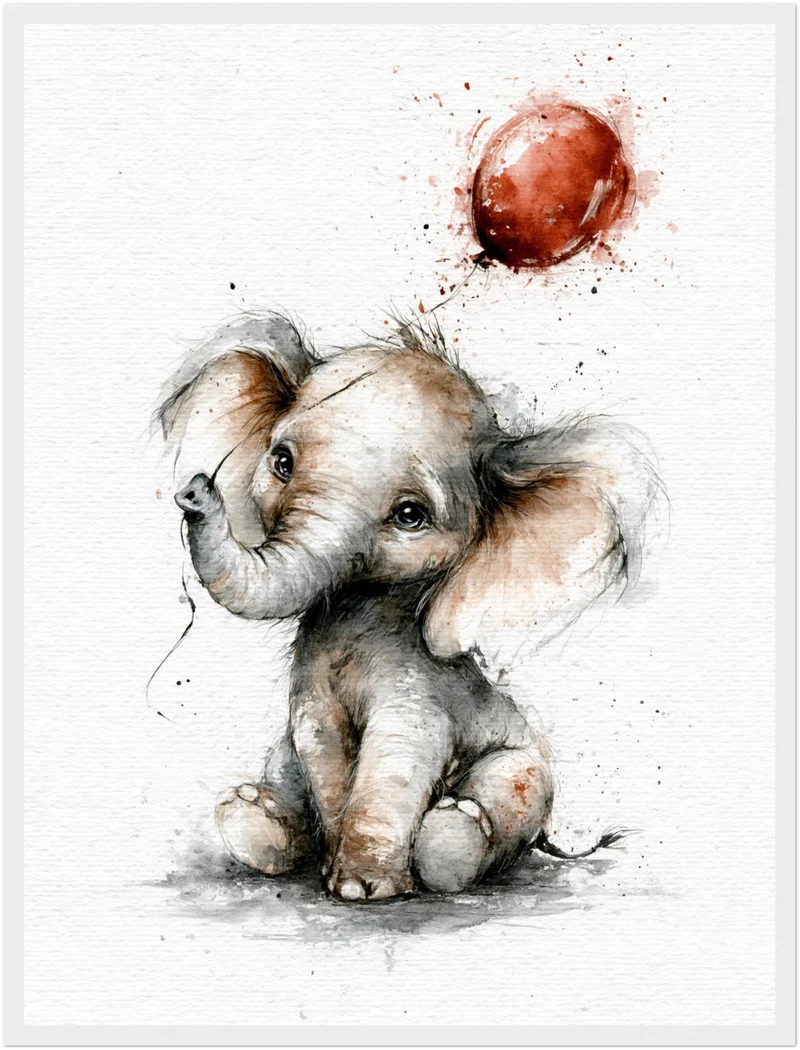 Elefantenbaby mit rotem Ballon Poster