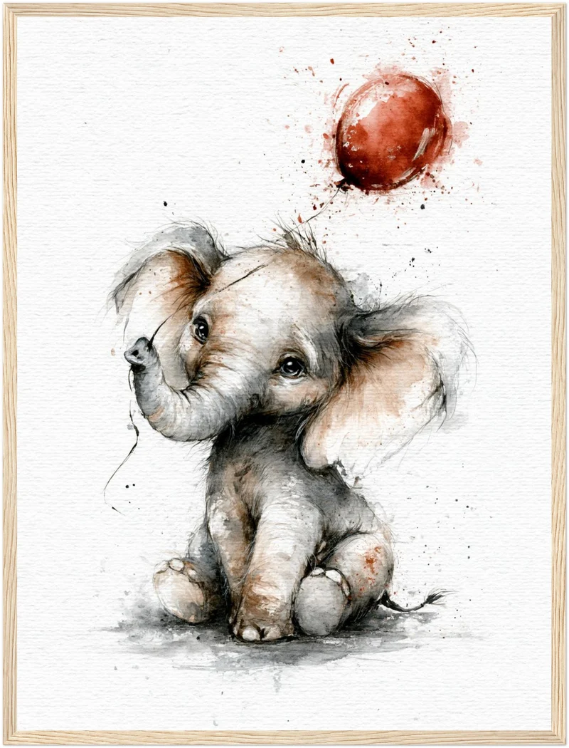 Elefantenbaby mit rotem Ballon Poster