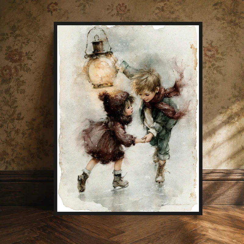 Schlittschuh-Kinder im Schneetreiben Poster