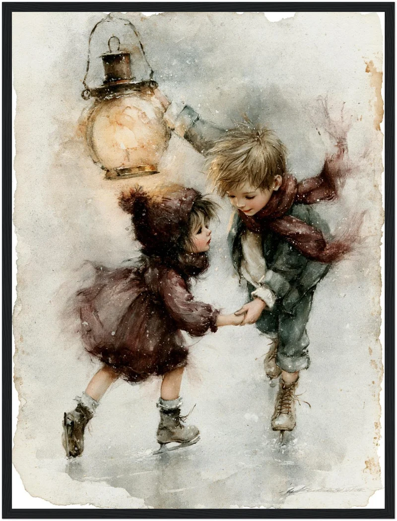 Schlittschuh-Kinder im Schneetreiben Poster