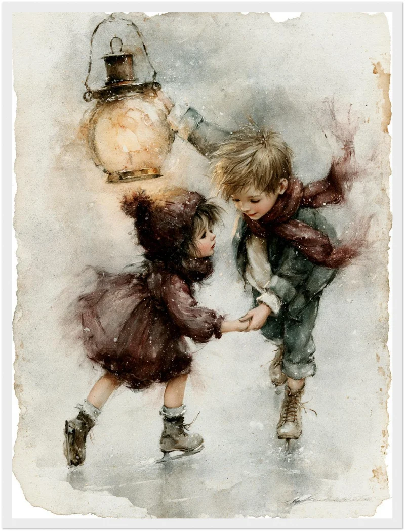 Schlittschuh-Kinder im Schneetreiben Poster