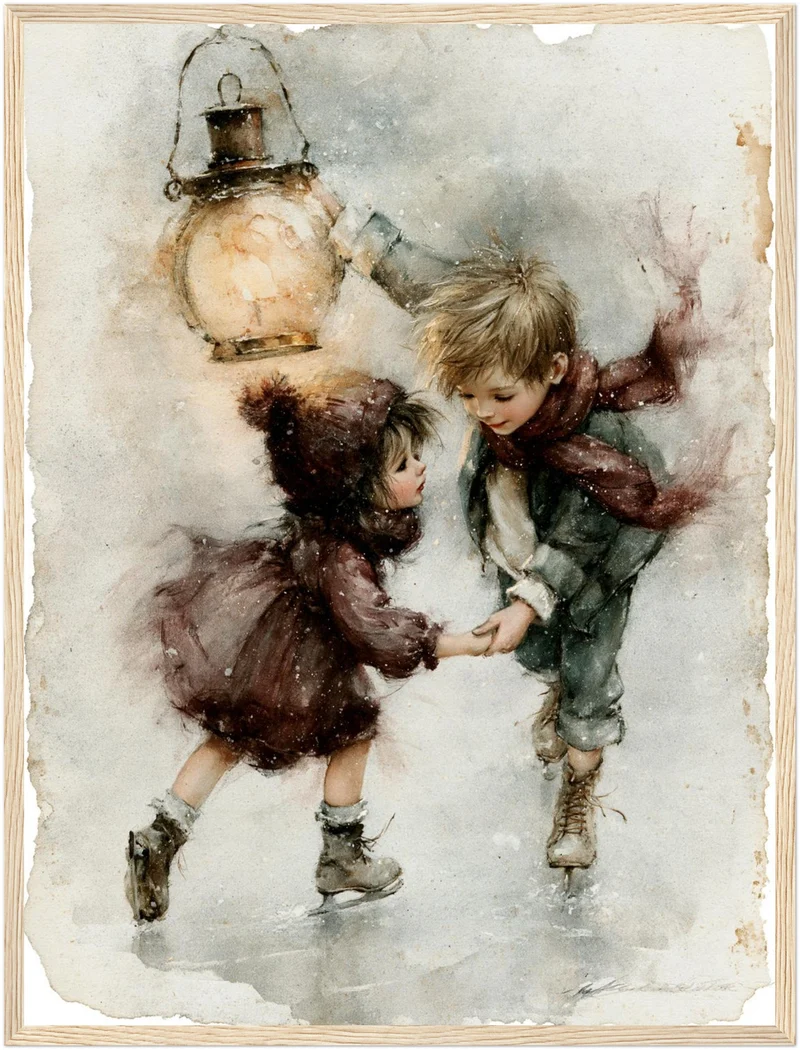 Schlittschuh-Kinder im Schneetreiben Poster