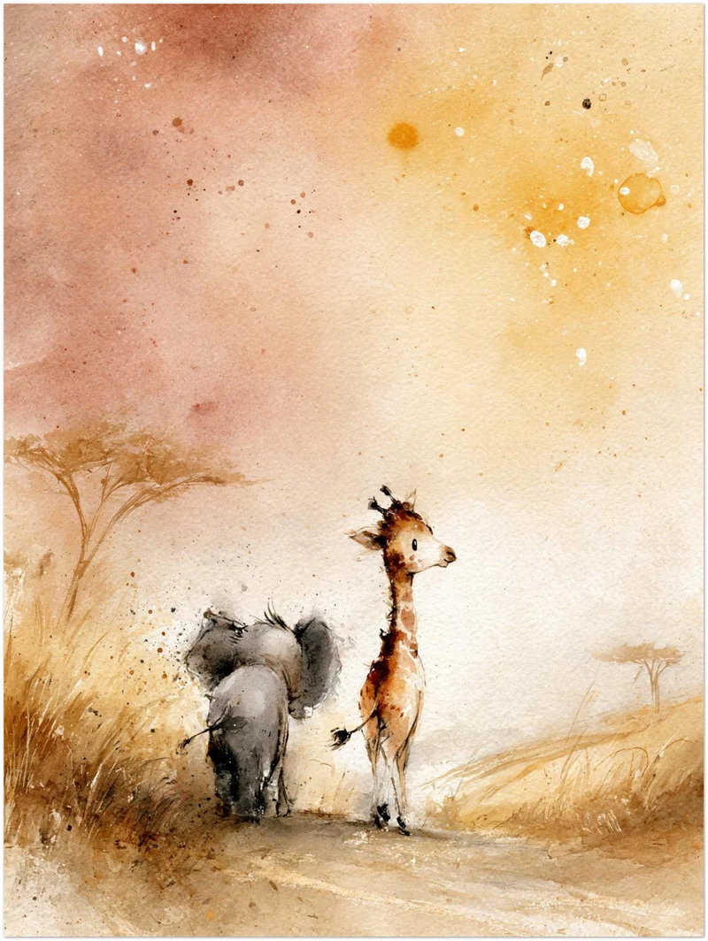 Elefant und Giraffe Savanne Leinwand