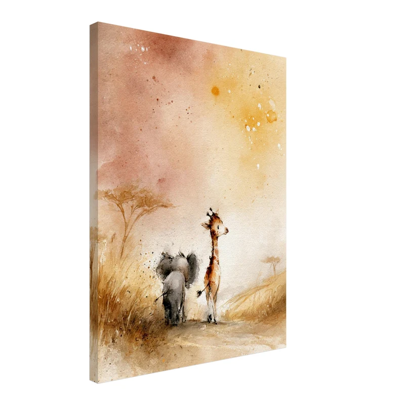 Elefant und Giraffe Savanne Leinwand