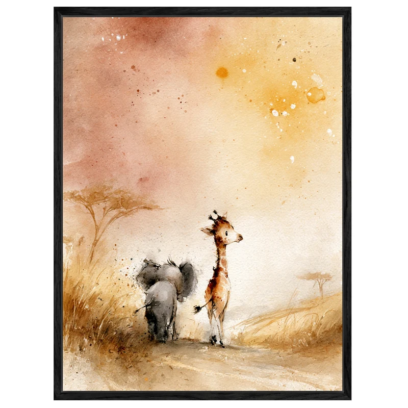 Elefant und Giraffe Savanne Leinwand
