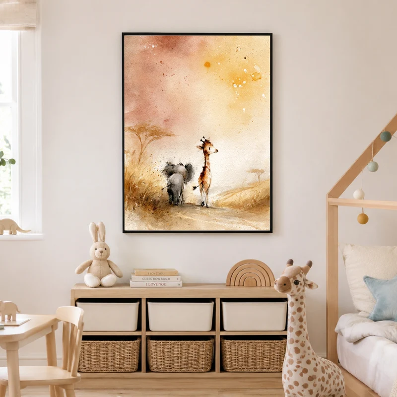 Elefant und Giraffe Savanne Poster