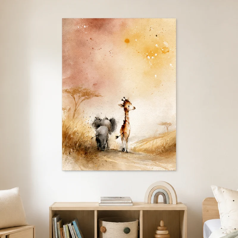 Elefant und Giraffe Savanne Poster