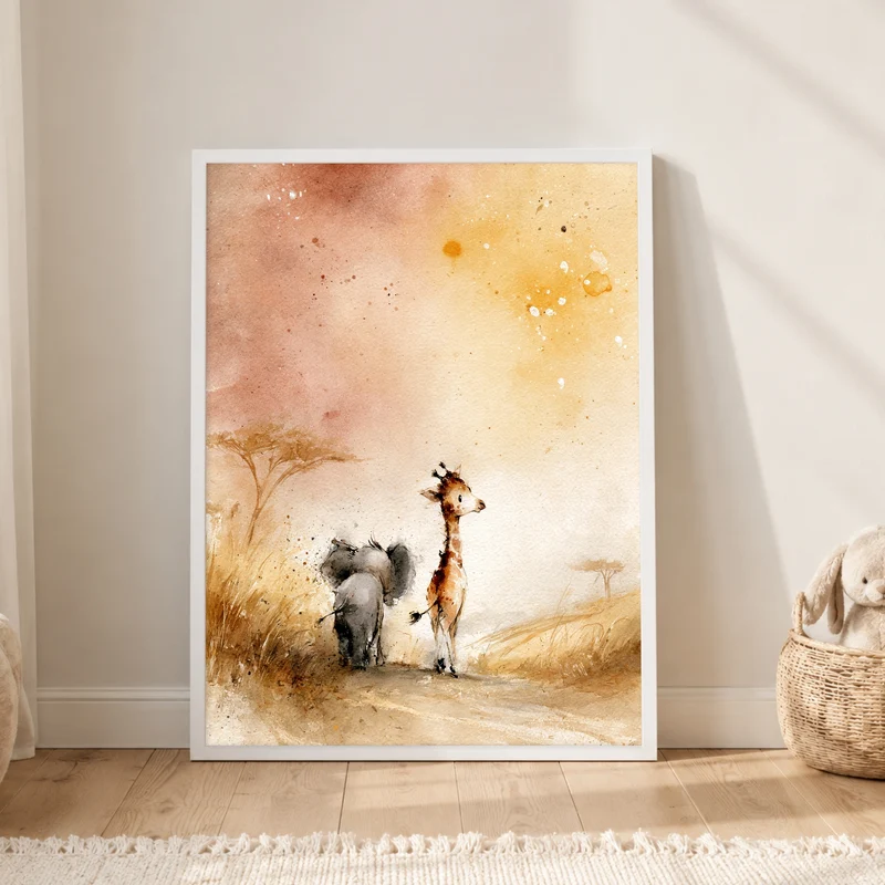 Elefant und Giraffe Savanne Poster