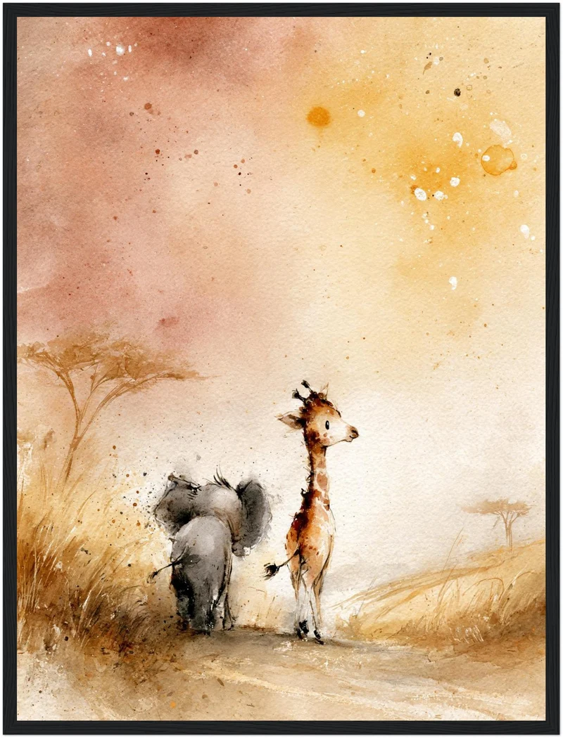 Elefant und Giraffe Savanne Poster