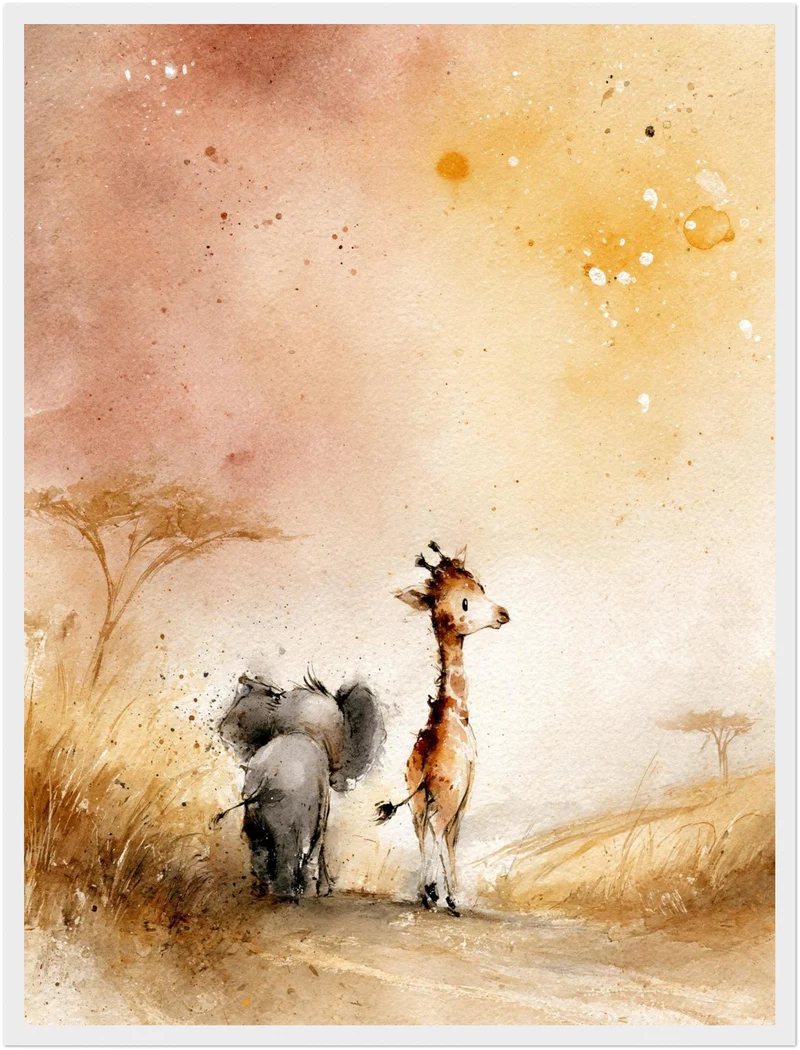 Elefant und Giraffe Savanne Poster