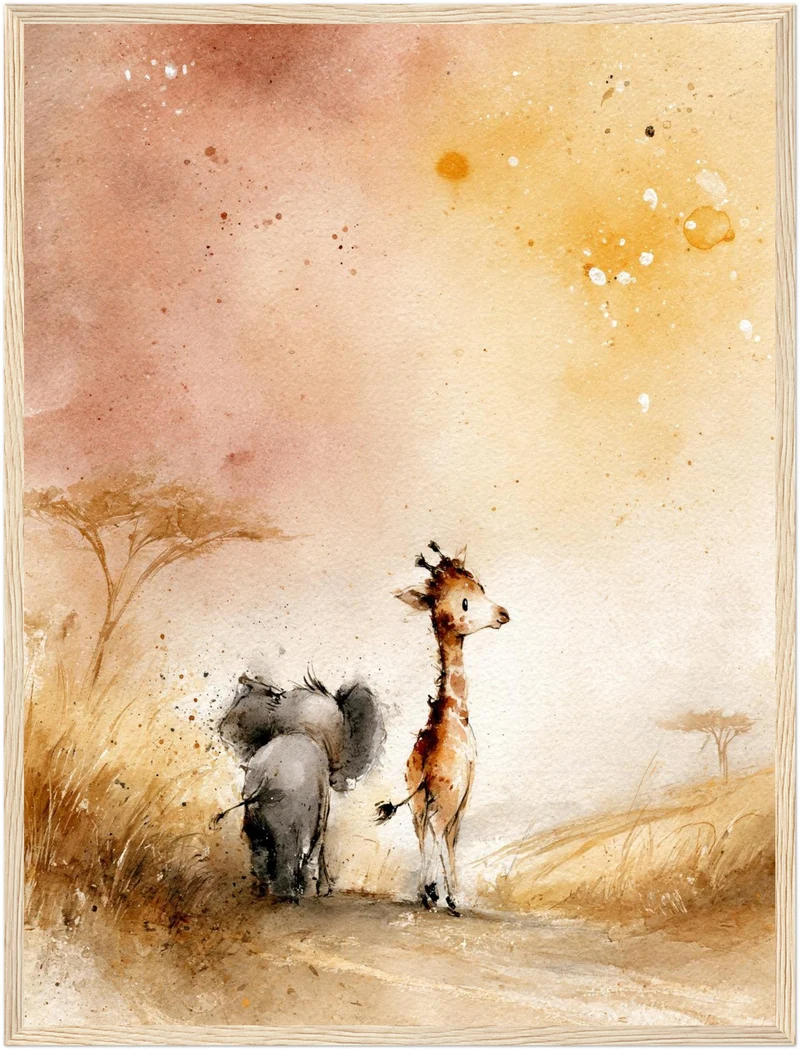 Elefant und Giraffe Savanne Poster