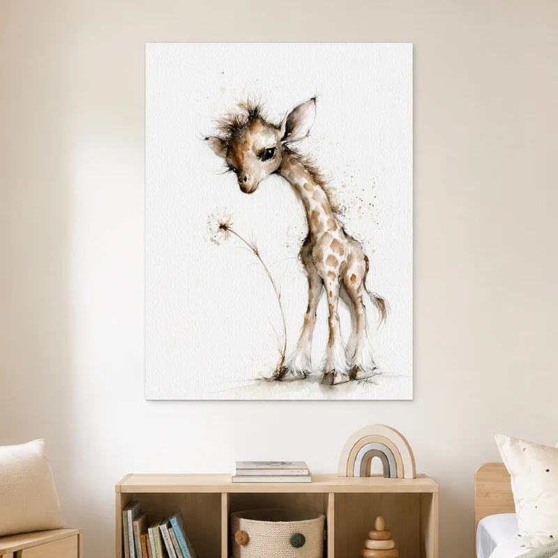Kleine Giraffe mit Pusteblume Leinwand
