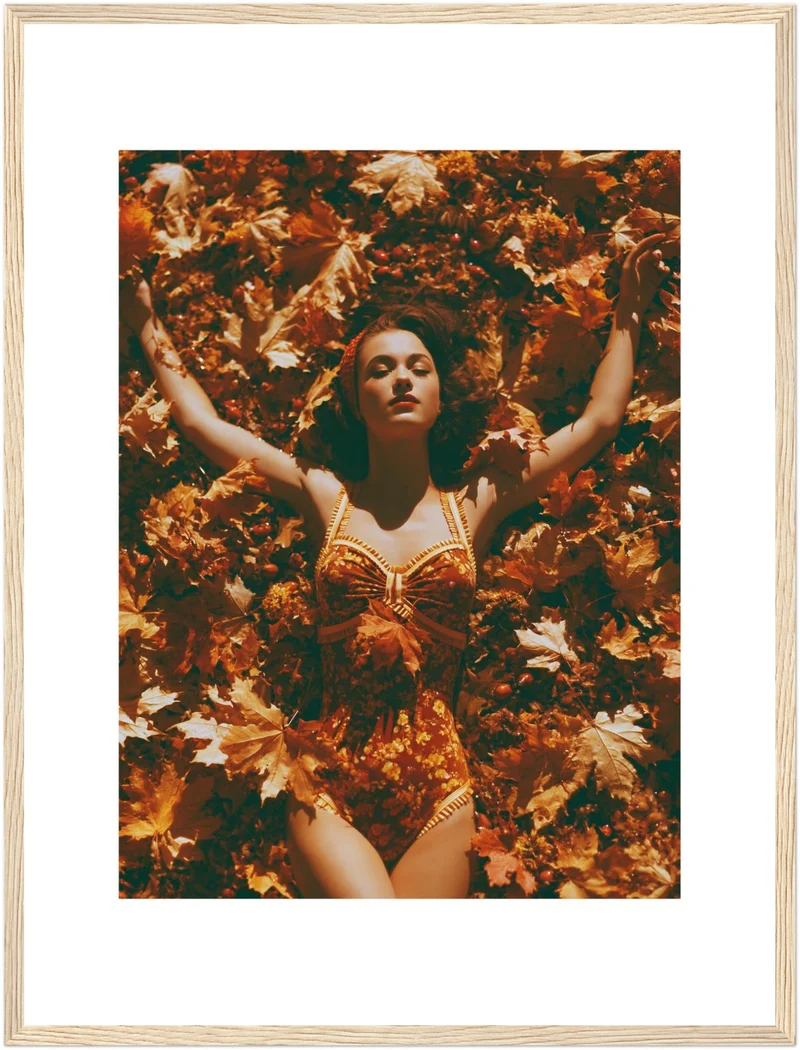 Frau in Herbstblättern Poster