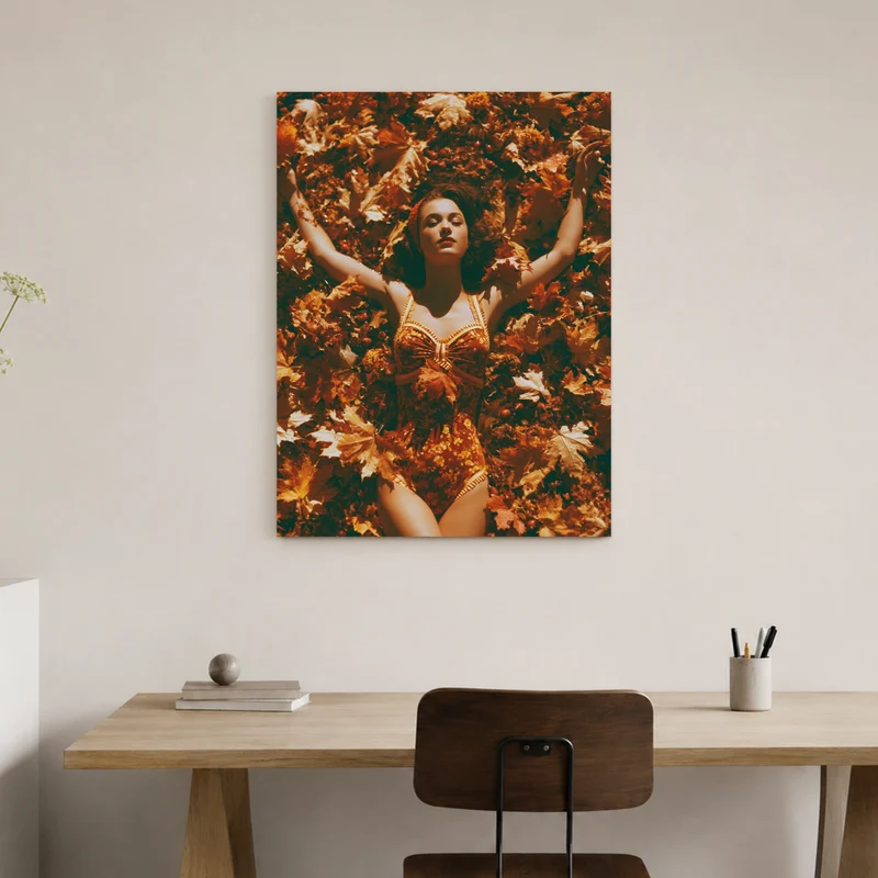 Frau in Herbstblättern Poster